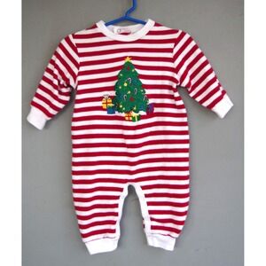 Vintage Baby 80s 90s Striped Embroidered Christmas Tree Sleeper 6-9 mos EUC